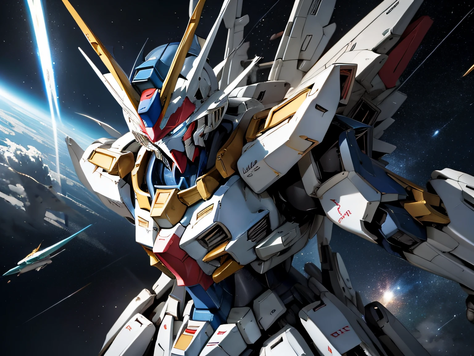 BlueＺGundam、Mobile Suit Gundam、flying in space、Beautiful stars and earth background、