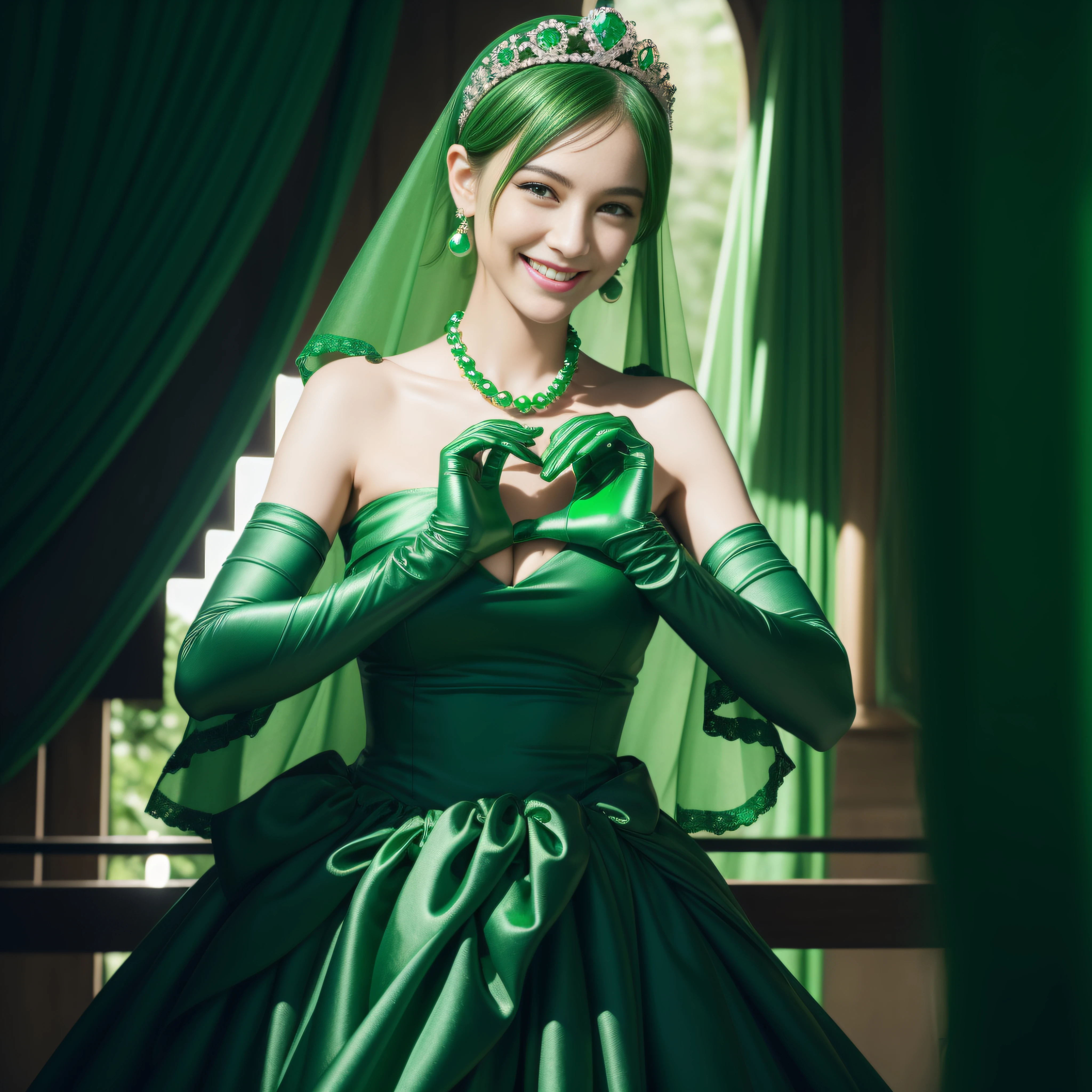 emerald tiara, Green Pearl Necklace, Boyish very short green hair, lipsticks, Japan woman smiling, very short short hair, big breasts beautiful, Green eyes, Long green gloves made of satin material, Green eyes, Emerald Earrings, green vale, Heart with both hands