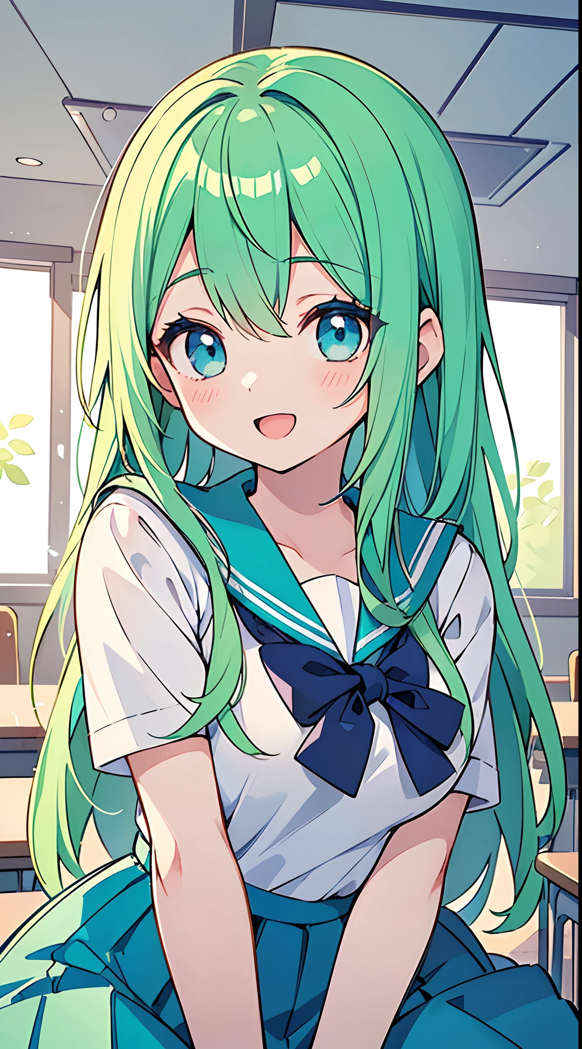 ((Pretty High School girl with green hair and blue eyes))、((wearing Sailor suit))、Loli face、((master piece、top-quality、ultra-definition、high resolution))、anime girl、((ultra-detailed illust:1.2))、only one person、bangs、hair between eye、beautiful hair、Beautiful eyes、Medium breasts、Big smile、opened mouth、in the classroom