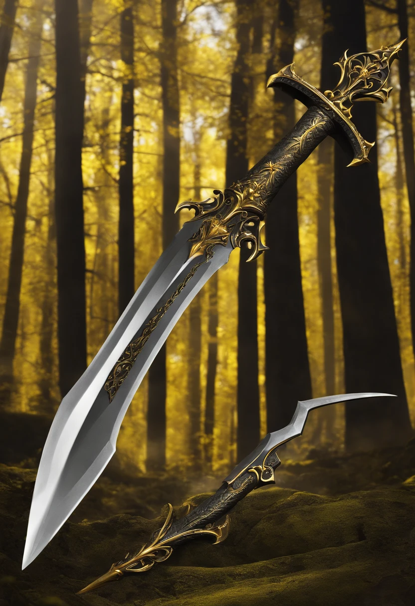 There is a pike with a yellow and black design on it, Bright yellow soul blade, pique incandescente, estilo de pike blade, raytraced blade, espada, pique brilhante, intricate fantasy spear, war blade weapon, medievil spear, Magic Pique, pique realista