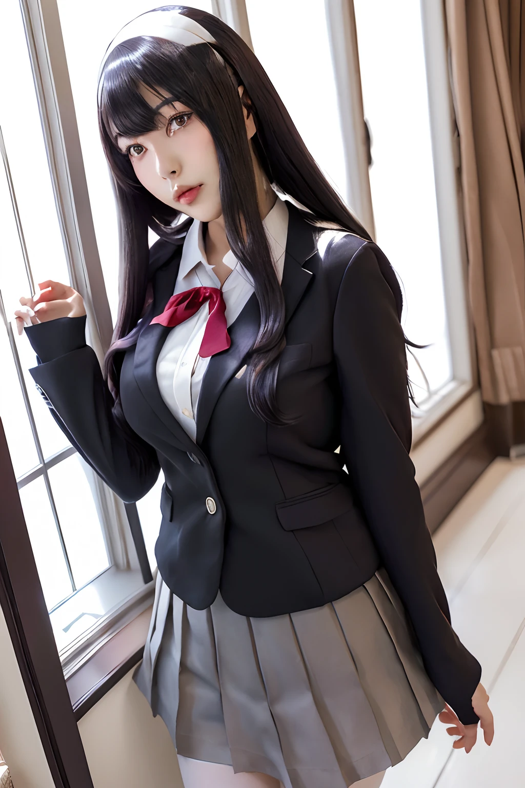 masterpiece, best quality, highres, kasumigaoka utaha, 1girl, solo, pantyhose, long hair, black pantyhose, skirt, school uniform, black hair, hairband, red eyes, pleated skirt, long legs, white hairband, breasts, serafuku, bangs, jacket, large breasts, cowboy shot,