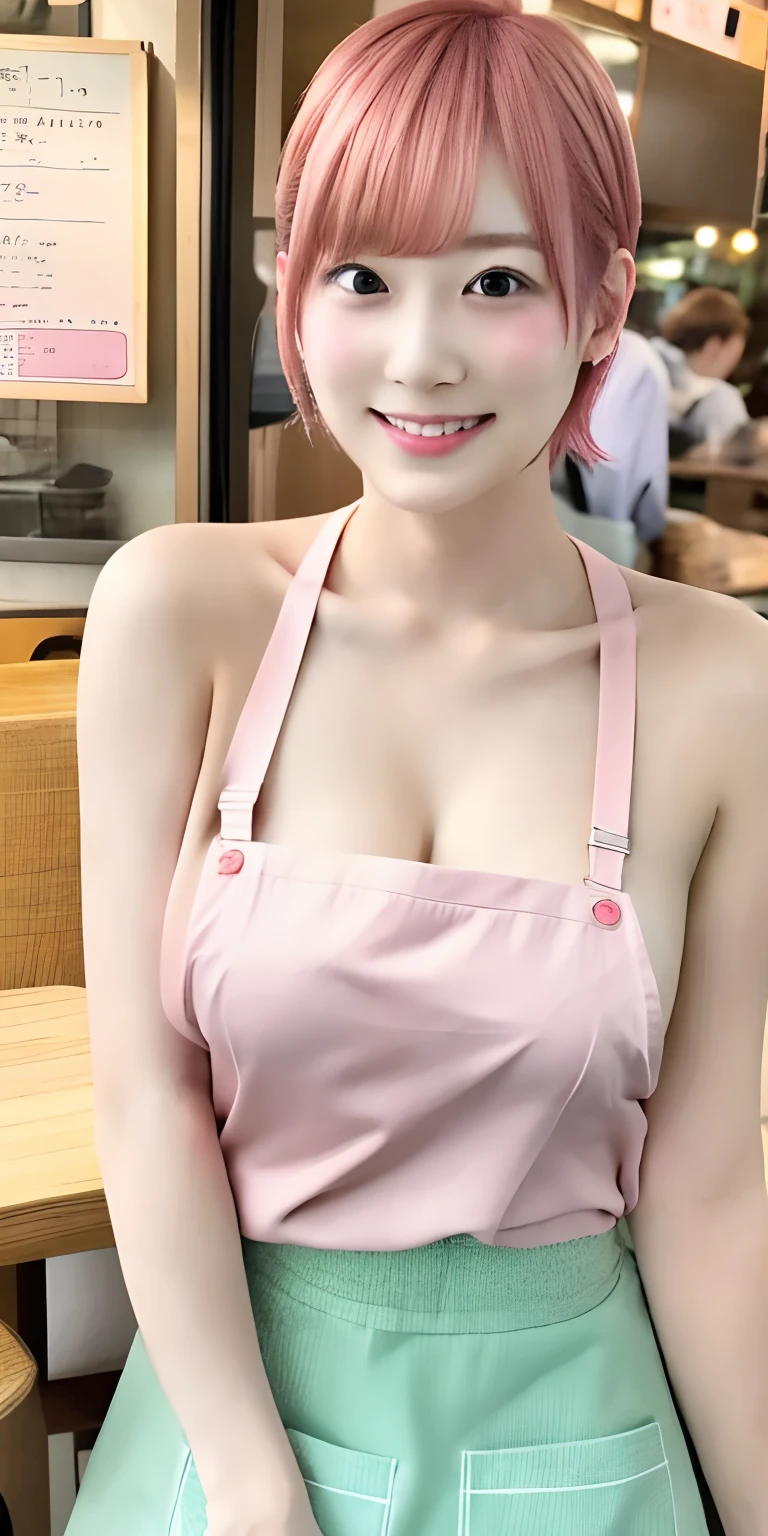 1girl, solo, nakano ichika, pink short hair, (naked:1.3), (white apron), large breasts, cleavage, thighs, cafe background, (blushing:1.2), smiling