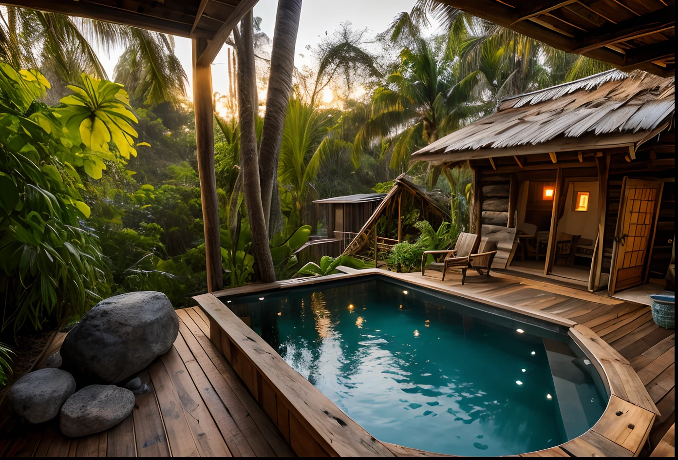 Rustic house bio architecture garden natural pool, menina de 5 anos brinca com gatos, mulher de 57 senta na poltrona de vime no hardim, lendo um livro. sun sunset , brisa