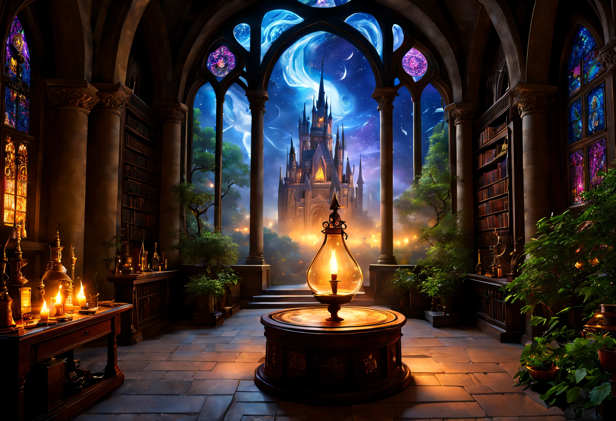 A magical academy protected by powerful spells, (best quality,4k,8k,highres,masterpiece:1.2), ultra-detailed, (realistic,photorealistic,photo-realistic:1.37), HDR, UHD, studio lighting, vibrant colors, mystical atmosphere, ancient architecture, intricate carvings, towering spires, enchanting gardens, spellbinding sculptures, shimmering fountains, bewitching magical creatures, swirling mist, students practicing arcane arts, shimmering spellbooks, flickering candlelight, captivating stained glass windows, magical runes adorned on walls, mysterious doorways leading to secret chambers, ethereal music echoing through the hallways, spell duels in the grand courtyard, magical artifacts displayed in the hall of wonders, a magical professor teaching ancient spells, the aroma of potions brewing in the alchemy laboratory, celestial constellations illuminating the night sky, an aura of enchantment and discovery.