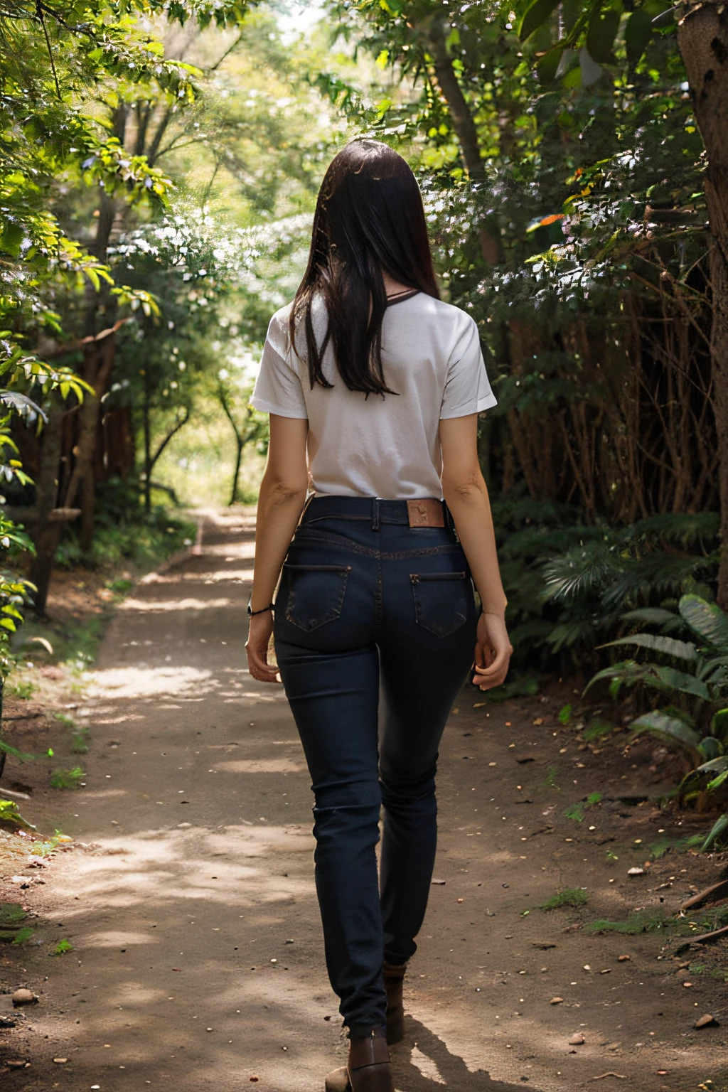 A woman walking along the trail in the woods with a white shirt 
Short sleeve 
and black clothes boot clothes jeans, 1girl, Pants, jeans, sozinho, jeans, 
from behind, cabelo longo, Camisa, cabelo preto, 
camisa branca de manga curta , de costas, 
bota preta de salto, corpo inteiro , mangas curtas, fundo simples, fundo 
branco,standingn, mochila quadrada nas costas,
Follow the intricate markings on the map, Navigation 
Through the maze of trees and shrubs