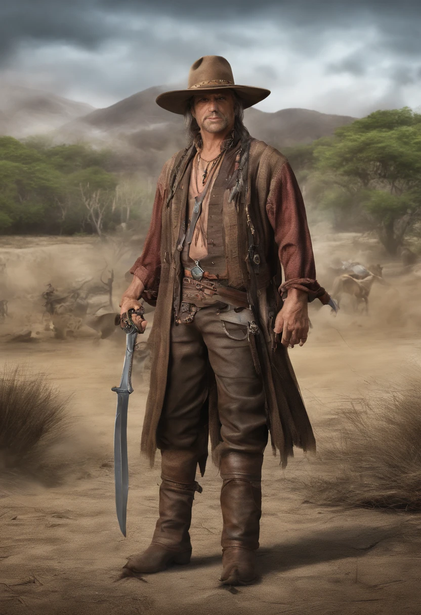 brasileiro, nativo gaucho, Hook, velho , Wide pants , cinta larga, bota de couro, espada, baralho espanhol