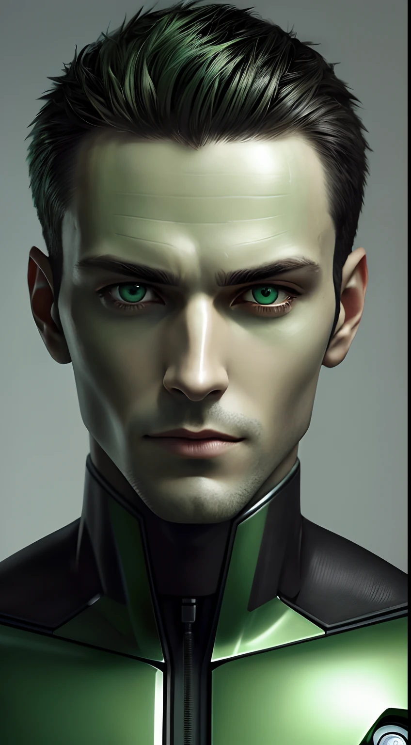 Close-up of a man with green eyes and wearing a green suit, symmetry!! Portrait of a cyborg, detailed portrait of a cyborg, Male android, Portrait of a male humanoid, Close-up portrait of a cyborg, Who is a male android, Portrait of a cyborg, Detailed android face, Male cyborg, Attractive sci-fi face, Portrait of a cyborg