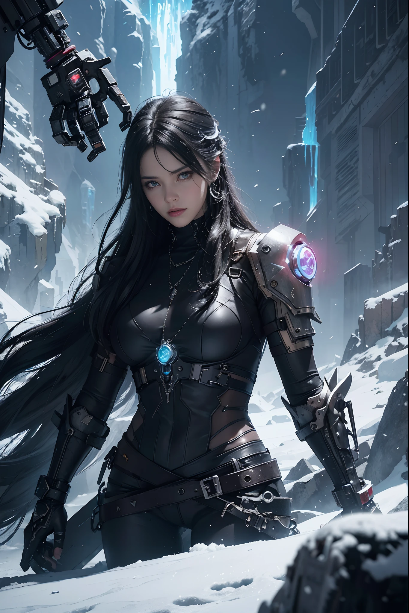 Cyberpunk, mechanical, broken, there is a picture of a very large iceberg, cyberpunk, mechanical, broken, with a lot of snow, dungeon background, icicle background, arena background, game background, dark dark cave background,a female warrior running,((smile:1))