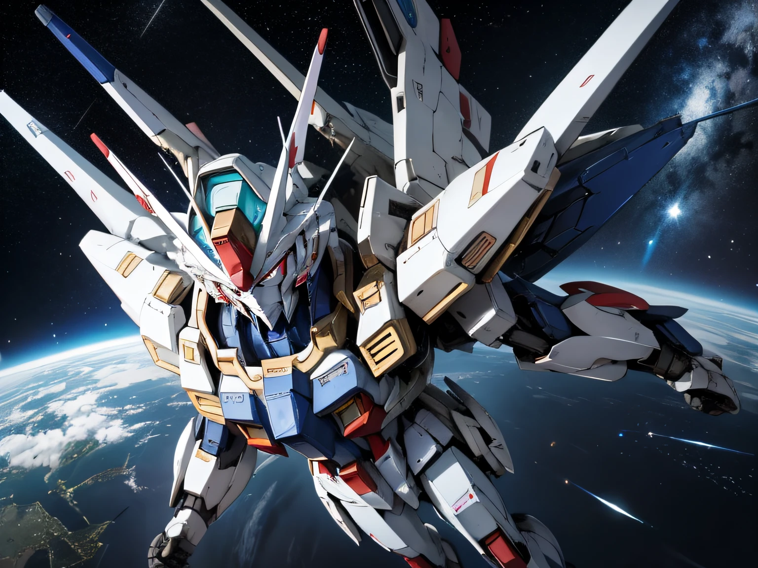 BlueＺGundam、Mobile Suit Gundam、flying in space、Beautiful stars and earth background、