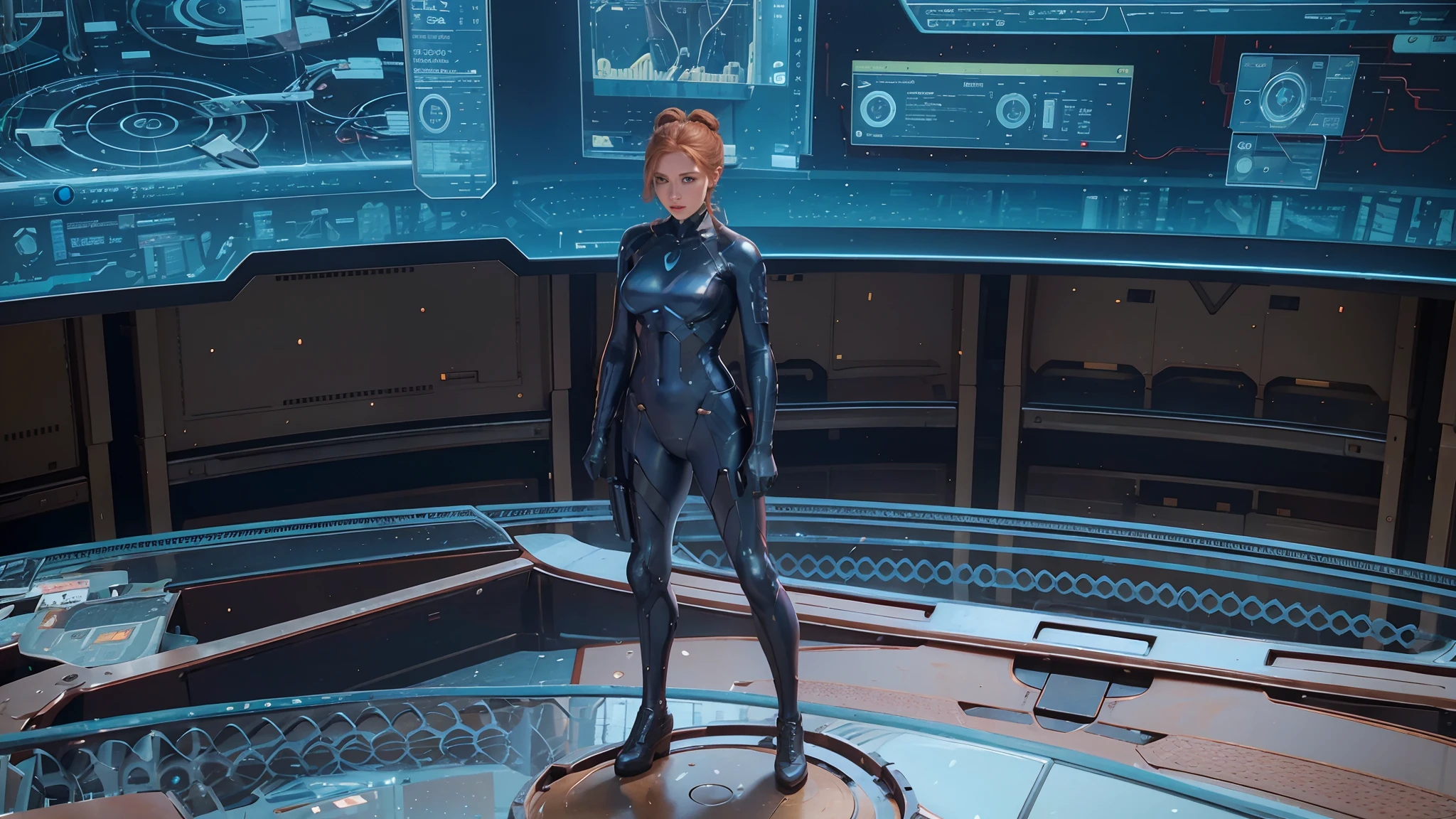 (realistic:1.4), strawberry blonde hair, reading book, standing, futuristic, solo, hair bun, brown eyes, holographic screen, blue bodysuit, tactical gear. Gorgeous woman, detailed face
