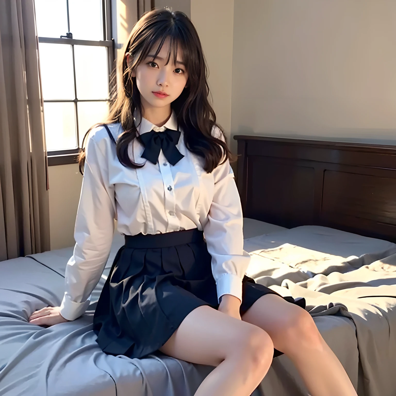 8K quality,(Photoreal: 1.4), (Hyperrealistic: 1.4), (Realistic: 1.3), (Smooth lighting: 1.05), (Improved Cinematic Lighting: 0.9), 32K, (In a dimly lit room)(The entire character is in the middle of the screen),light grin,(1 Japanese woman), Age 22 years old,Realistic lighting, Backlight, Face Lights, Ray traching, (Bright light: 1.2), (Quality improvement: 1.4), ( Top quality realistic texture skin: 1.4), Fine Detailed Eyes, Detailed face, Fine quality eye, Dark brown eyes, Feeling a little shy,Feel optimistic and sunny(Medium to large round chest),(Tired, Sleepy and Satisfied: 0.0), Pale light, White blouse, Bow tie, Navy blue skirt, Silk white ankle socks,(did not wear panties),The edges roll up and wear out, Sit quietly on the bed