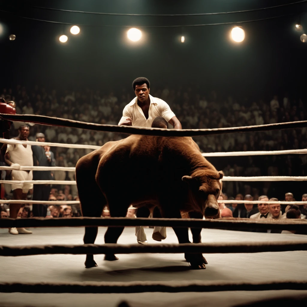 there is a bull that is standing over another bear in a boxing ring, neil leifer, muhammad ali, very famous photo, famous photo, breathtaking composition, winning photo, magnum award winning photograph, winning photograph, pulitzer prize for photography, pulitzer-prized photo, famous photograph, pulitzer prize winning photo, photograph credit: ap, king, by Scott M. Fischer