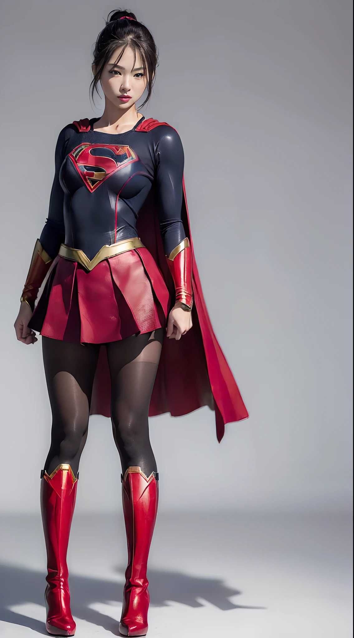 Beautiful girl fighting、japanes、Cute Beautiful Girl、(((Wear black tights on your beautiful legs.)))、(((beauty legs)))、(((Painful look)))、((((Make the most of the original image)))、(((Supergirl Costume)))、(((beautiful hairl)))、(((Injured)))、(((Feet must necessarily be worn with black tights)))、(((You need to wear red boots)))、((Top image quality、8K))、((top-quality、8K、masterpiece:1.3))、(((Keep your background simple)))、Crisp focus:1.2、Beautiful woman with perfect body shape:1.4、Slender Abs:1.2、a wet body:1.5、Highly detailed facial and skin texture、8K、Keep your background simple