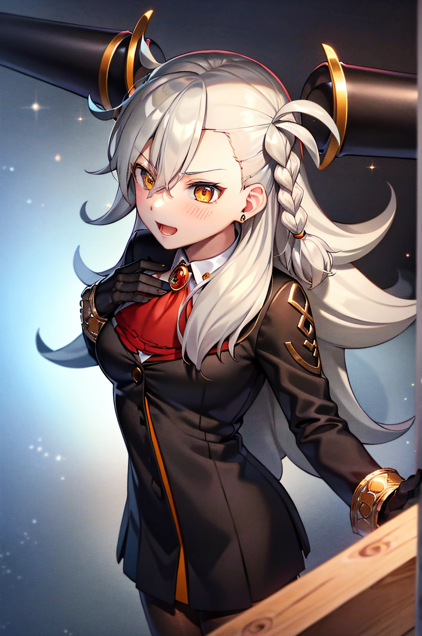 1girl, melhor qualidade, sozinha, DIG, cabelos longos, cabelos muito longos, olhos amarelos, messy hair, Black pantyhose, Olhando para o Viewer, olhos lindos, olhos bem desenhados, olhos de cores iguais, sorriso, 8k, Qualidade extrema, CG, Rosto detalhado+olho, (cores brilhantes), ray tracing, cinemactic, octan render, Motor Unreal 5, cinemactic, uniforme, Classic Clothing, Black pantyhose, profundidade de campo variada, elegante, Vivid traces, blush,