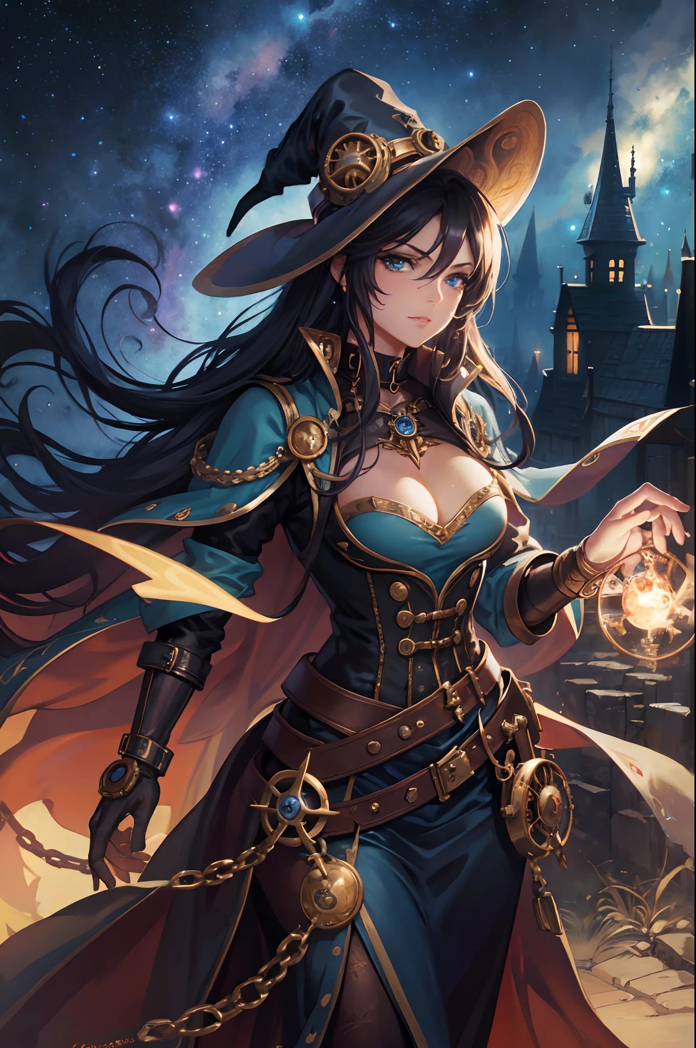 **************steampunk, magical, Dona gelsinger, anne stokes, nene thomas, magali villeneuve, bold character designs, starry night background, photorealistic, 32k, witchcore, twisted characters, close-up intensity, airbrushed art