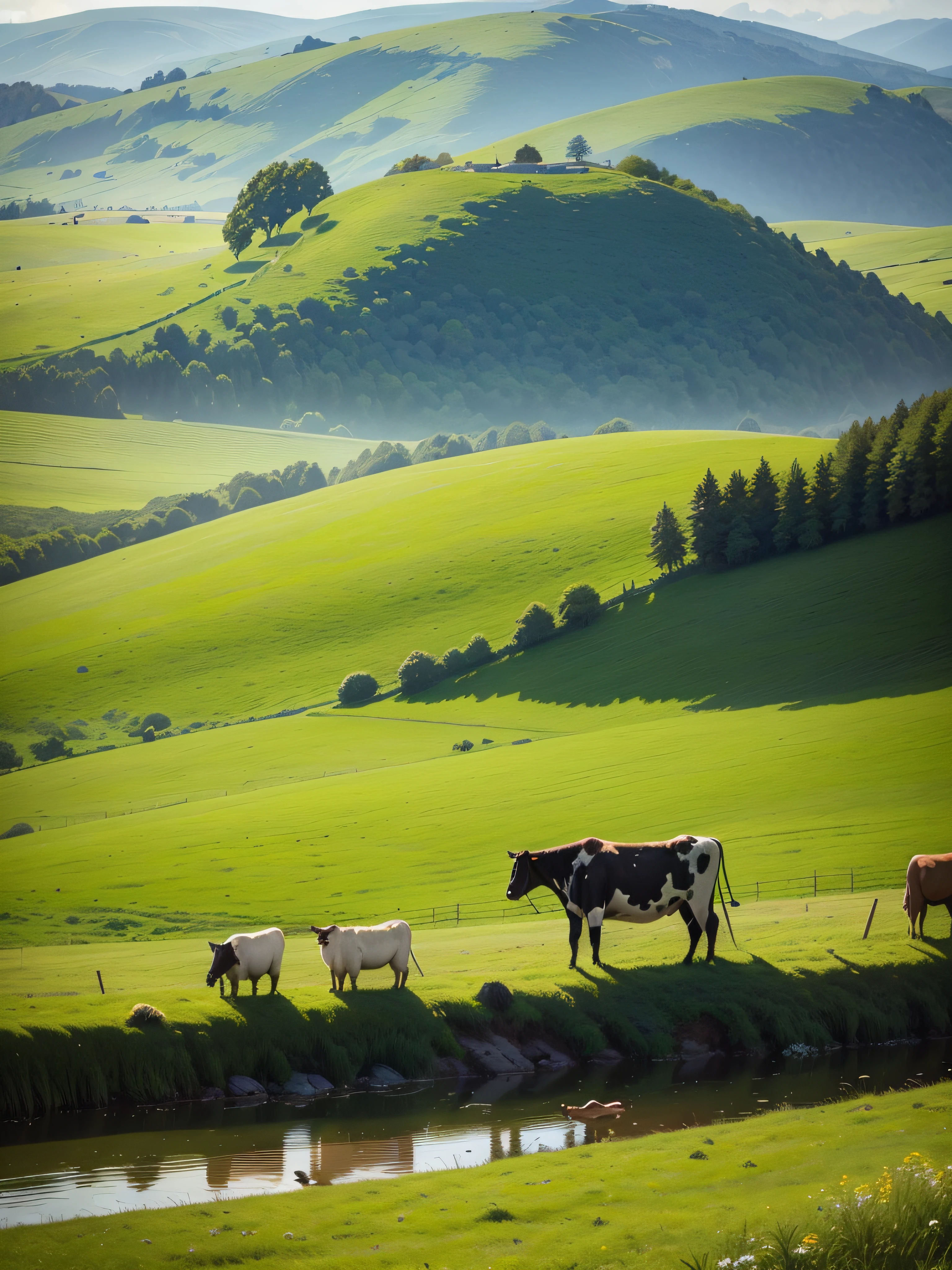 (best quality,ultra-detailed,realistic:1.37),cow,farm,animal,lush green pasture,peaceful,harmonious,serene,healthy cows,idealistic setting,beautiful countryside,fresh air,barn,traditional red barn,hardworking farmer,open fields,farmland,rolling hills,blue sky,grazing cows,cowbell sounds,serene ambiance,vivid colors,fertile land,sunlit landscape,rural beauty,livestock farming,portrait of a cow,bokeh lighting,grassy meadows,dairy cows,gentle creatures,organic farming,bucolic scenery,majestic,domestic animals,meandering stream,calm atmosphere,traditional farm setting,quiet countryside