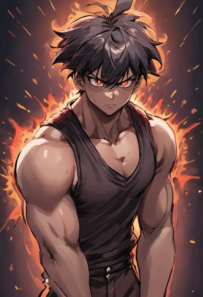 ((The face is Hiro Hamada from Big Hero 6.))，((body: Dragon Ball Son Goku))，Very large muscles，Very big penis，黒い触手がbodyにまとわりつく，Young Boy，Excited，Sexual arousal，erection，Sex，Sweaty，Drooling,Please open your mouth wide,Painful face,erectionしたペニス,Pause,（human）ejaculation