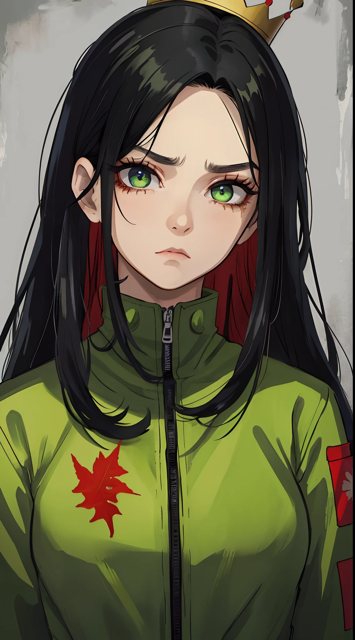 A female with black long hair, green eye with leave pupil, Wearing leave Crown, Wearing Red vault jumpsuit, Fallout Vault Background, Sad Emotion mood, Cute, detailed eyes, detailed face,very detailed, High Detail.