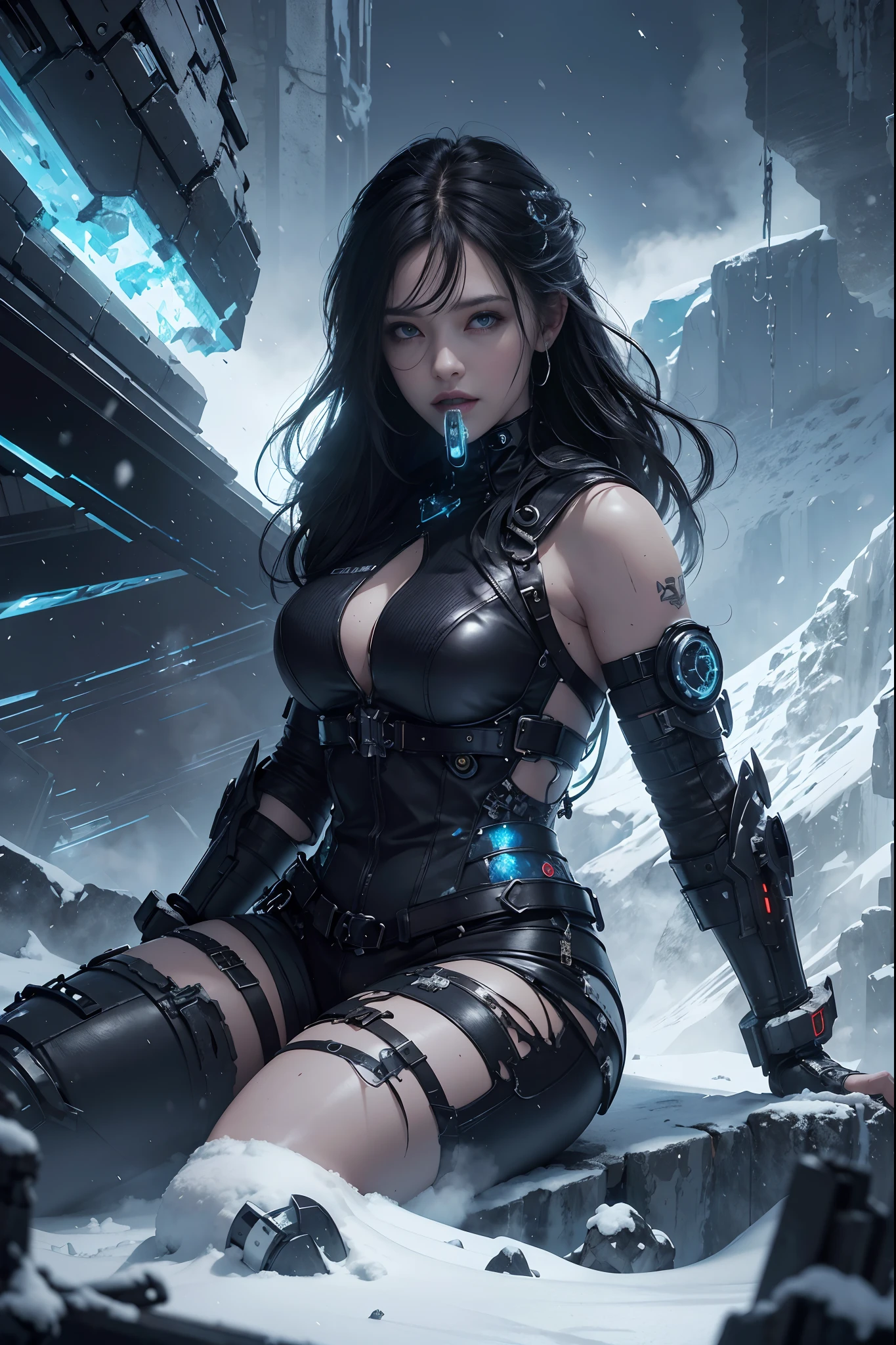 Cyberpunk, mechanical, broken, there is a picture of a very large iceberg, cyberpunk, mechanical, broken, with a lot of snow, dungeon background, icicle background, arena background, game background, dark dark cave background,a female warrior sitting down,((laughing:1)),((wide mouth:1),