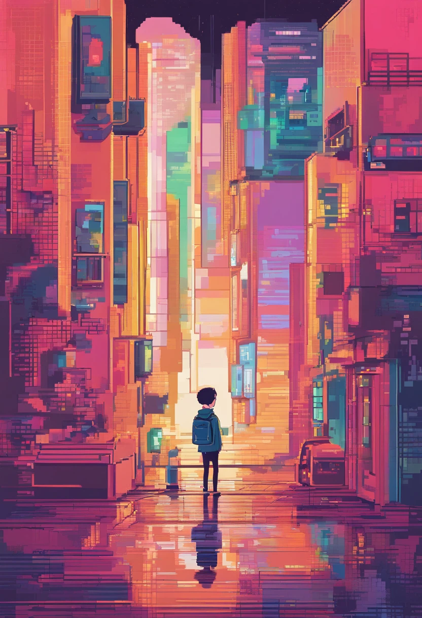 Imagem positiva,Destaque para o garotinho fofo que estuda na sala, Ler um livro, wears glasses , luzes noturnas, Neon landscape on a rainy day,,, retrospectiva, plano, 2.5D ,linha desenhada, desenho a tinta digital, Great slope, pintura em aquarela, Cor do spray, , Amazing color, , synthwave, Arte Lofi,Estilo anos 90,Texturas antigas, amplitude,