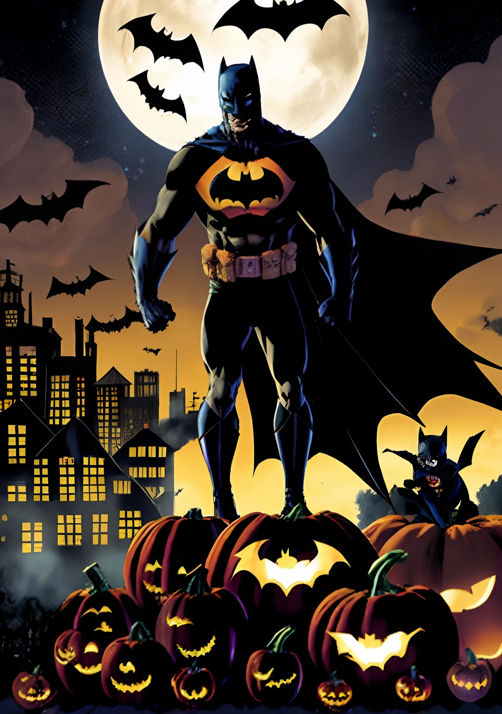 Halloween do Batman estilo DC Comics by Jim lee, Batman at Halloween party, With little witches in the night sky and pumpkins on the ground
