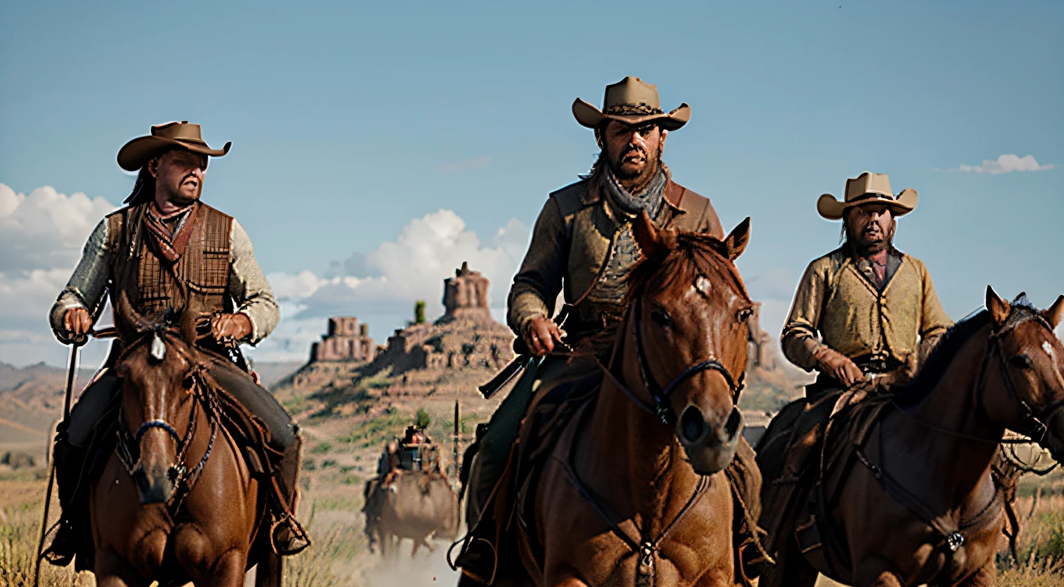 Lots of cowboys on horseback with guns galloping on the plains of the old west, uma captura de tela por Matija Jama, trending on ArtStation, arte digital, 8k oeste selvagem, Velho Oeste, RDR 2 Mod |, Velho Oeste, [ mortos vermelhos ], red dead redemption 2, red dead redemption2, Em Red Dead Redemntion 2, an epic western, RDR2, Pistoleiro ocidental