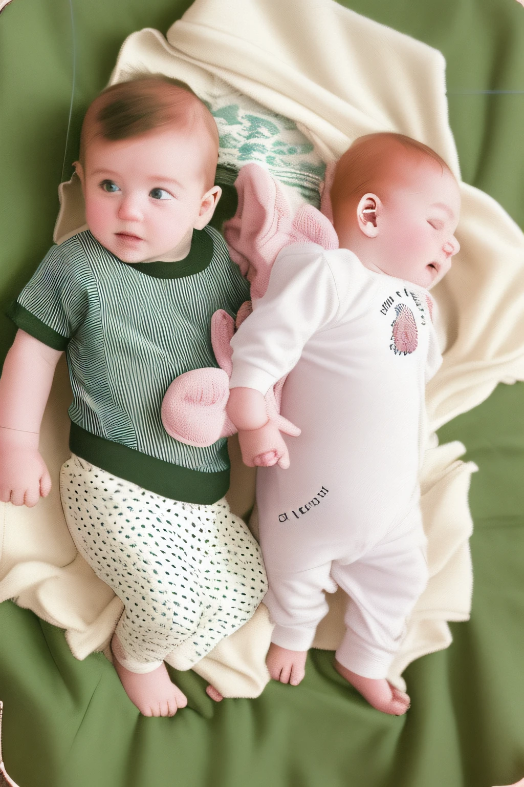 there are two babies laying on a blanket together on the bed, old picture, cute photo, taken in 1 9 9 7, with a twin, colored photo, colour photo, taken on a 2000s camera, siblings, photo taken in 2 0 2 0, coloured photo, 1 2 0 0 dpi scan, childhood memory, twins, old photo