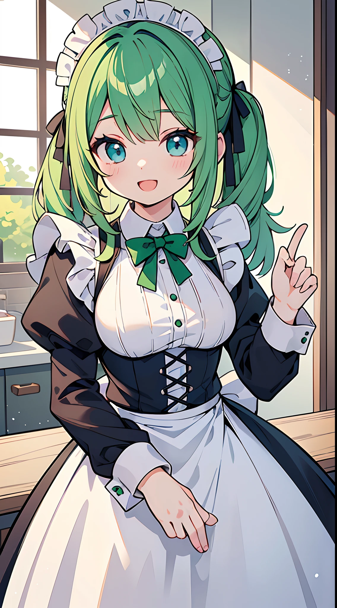 ((Pretty maid with green hair and blue eyes))、Loli face、((master piece、top-quality、ultra-definition、high resolution))、anime girl、((ultra-detailed illust:1.2))、only one person、bangs、hair between eye、beautiful hair、Beautiful eyes、Medium breasts、Big smile、opened mouth、in the kitchen