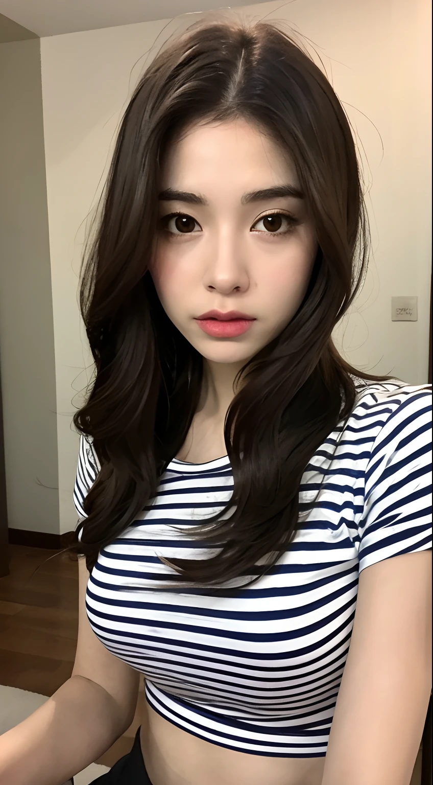 ((lifelike lighting, melhor qualidade, 8k, obra-prima: 1.3)), Foco claro: 1.2, 1girl, figura perfeita: 1.4, abdominais finos: 1.1, ((cabelo castanho escuro)), (tampo de corte branco: 1.4), (ao ar livre, Noite: 1.1), ruas da cidade, There's a woman with long hair and a striped shirt, Nicole De Boer, Mulher francesa de 30 anos, sem maquiagem, Anastasia Ovchinnikova, Ekaterina, franja de cortina, cabelo castanho com franja, fernanda suarez, cabelos castanhos e franja