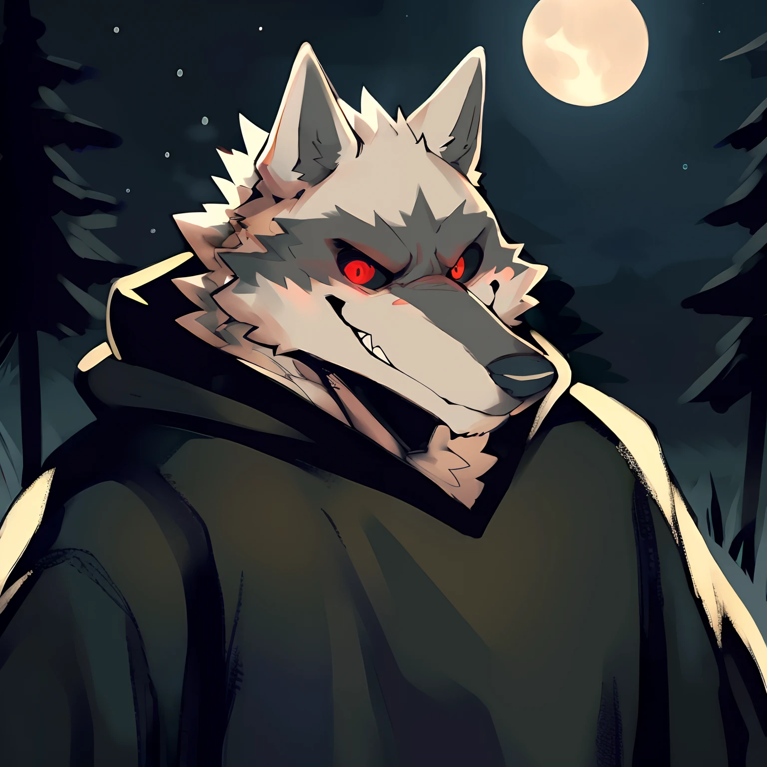 ((best quality, high res)), Death Wolf, 1male, solo, detailed eyes, finely detail, black cloak, white fur, smirk, red eyes, black sclera, glow eyes, muscular, in the woods, night, by Zackary911, by K0BIT0WANI