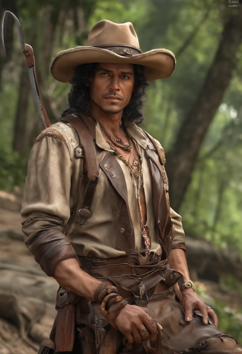 brasileiro, nativo gaucho, Hook, velho , Wide pants , cinta larga, bota de couro, espada, moldura de ferro, Neck-tied scarf, 5 fingers on hand