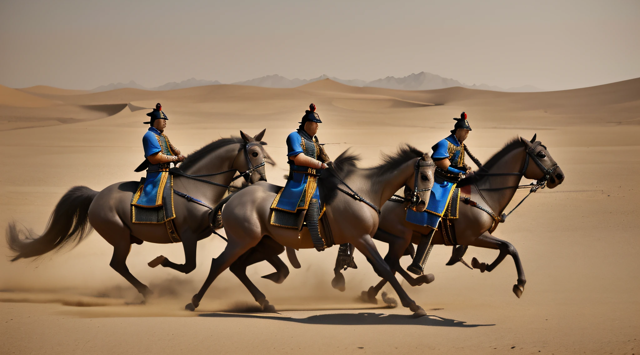 Four teams of people,Four ancient Chinese generals,desert environment,Focus on the four generals,is being ambushed