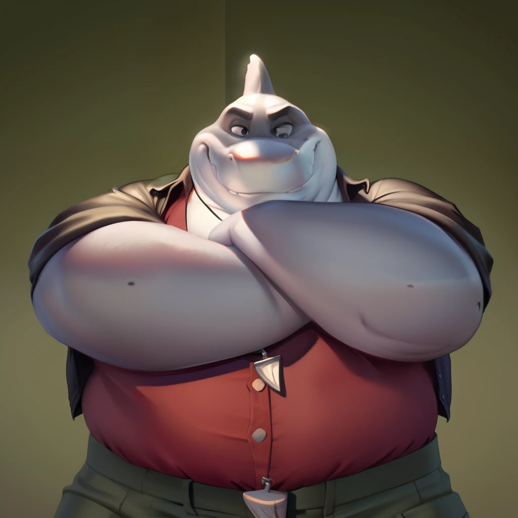 mr shark, plump, fat, belly, black eyes, (pose:1.3), (posing:1.3), (soft shading), 4k, hi res, five fingers, detailed hands, ((detailed face, (detailed eyes:1.0), detailed)), (full body), by zackarry911, by zaush, (by personalami:0.5),  looking at viewer, shirt, 1boy, jacket, male focus, open clothes, pants, red shirt, dog tags, green pants, giant head, huge head, big head