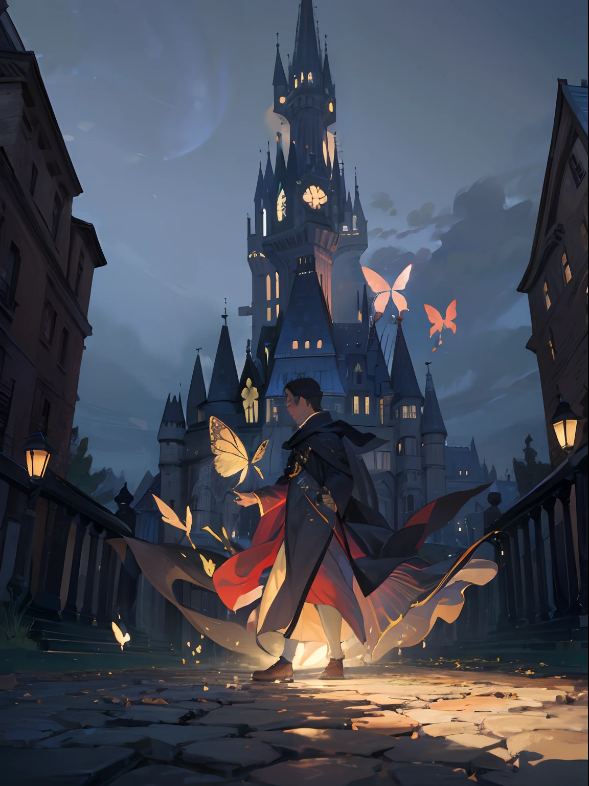 masterpiece, (dark:1.4), butterfly, magical academy, building, 1 man, wide shot, wizard, mage, magic, robe