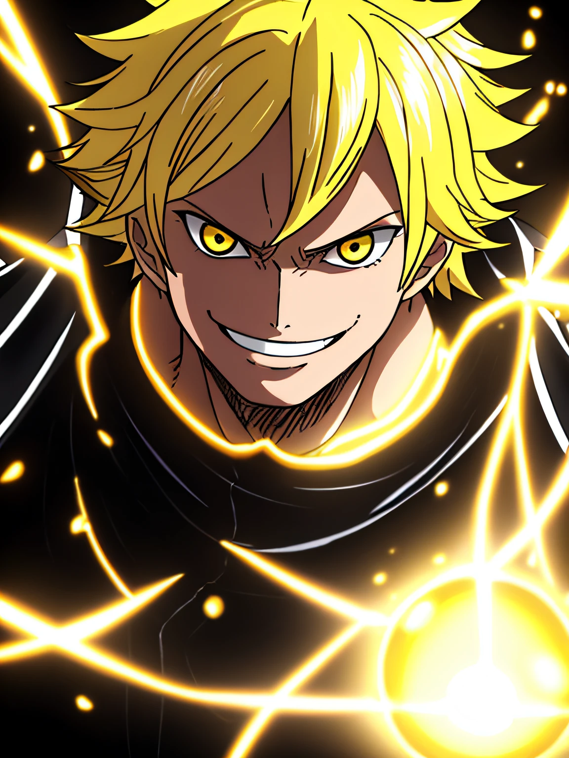 1boy, wanostyle, smiling, looking at viewer, solo, upper body, ((masterpiece)), (best quality), (extremely detailed), depth of field, sketch, sharp focus, soft lighting, hdr, colorful, good composition, sunny background, spectacular, black and yellow scientist coat, anime screencap, blonde hair, ready to fight, yellow eyes, young, detailed eyes, black outfit, short hair, light magic, light superpowers