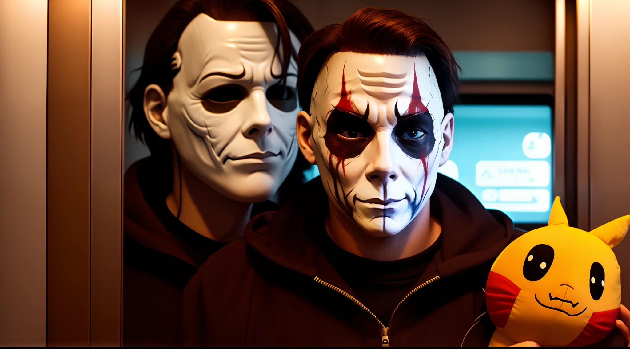 Michael Myers, holding up a plushy of Gengar fish lens profile picture in elevator