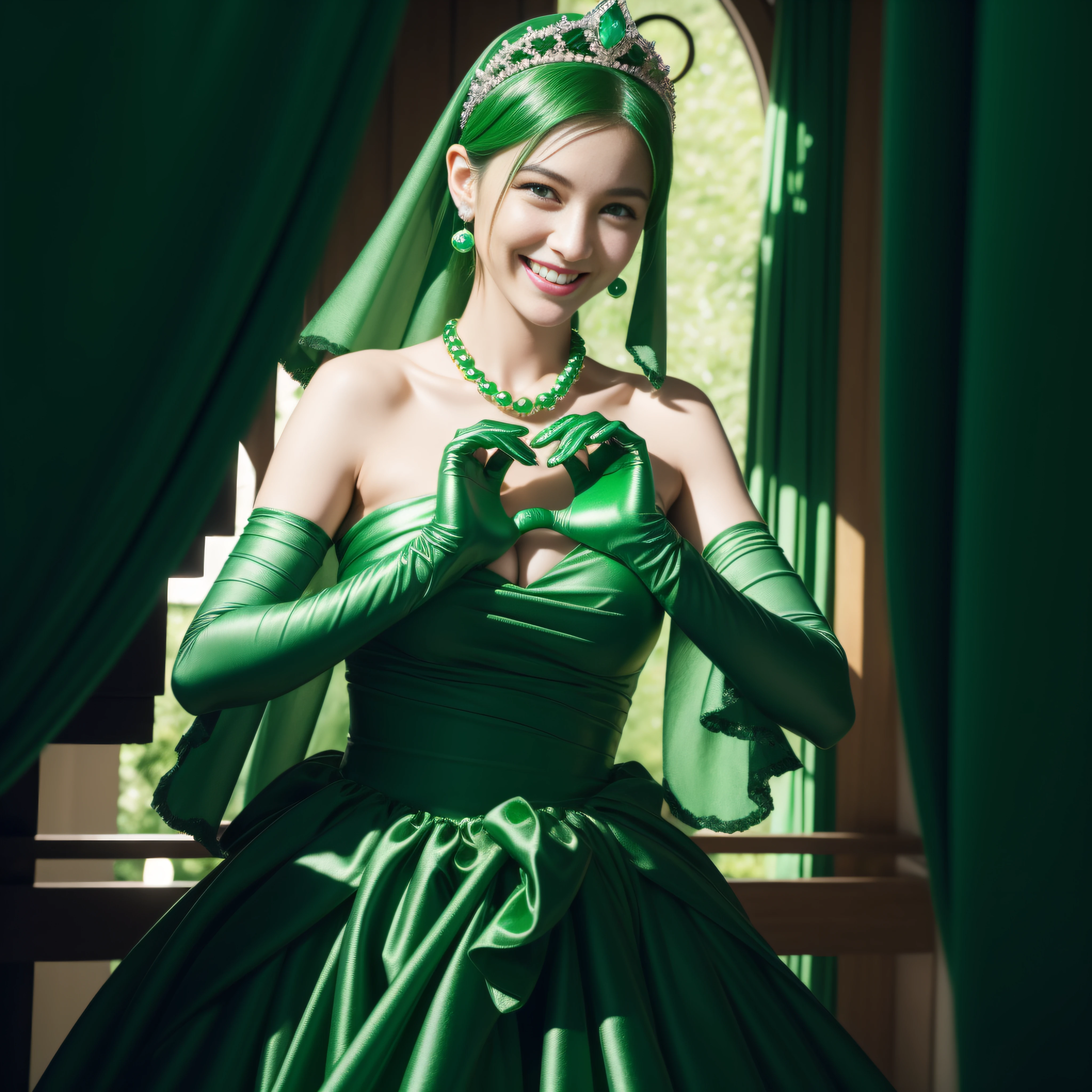 emerald tiara, Green Pearl Necklace, Boyish very short green hair, lipsticks, Japan woman smiling, very short short hair,  big breasts beautiful, Green eyes, Long green gloves made of satin material, Green eyes, Emerald Earrings, green vale, Heart with both hands