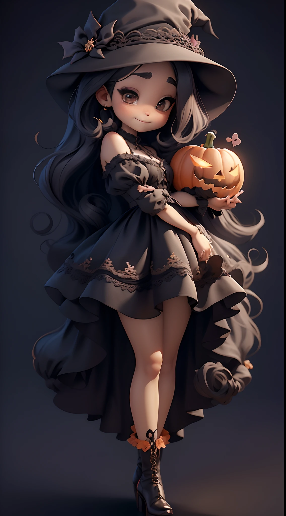 ((( chibi bruxa negra UHD ))) With her beautiful witch hat with millions of pumpkins, Deve ficar charmoso e bonito, Keep the iconic elements of the original character. Chibi Halloween Million Pumpkins Should Have a Round Face with Large Dimensions, olhos claros, long eyelashes and rosy cheeks. Seu cabelo deve ser longo e cacheado+negro . Vestido elegante: Vestir chibi em um vestido luxuoso e elegante em tons de preto . O vestido pode ter babados, renda & detalhes feitos de doces, A reference to the Halloween theme . Add loops or ribbons, Para dar um toque de delicadeza. avental & Arco : Adicione um avental caramelo sobre o vestido de Chibi, It is tied at the waist with a thin bow. O avental pode ter pequenos detalhes, such as pockets or fine embroidery of pumpkins.Meias e sapatos de boneca luxuosa : Complete the chibi look with pumpkin striped socks or fun details. standingn, Coloque botas bonitos, with ties or pumpkin buckles . Magic Accessories: Add charming accessories to the chibi . You should also get your hands on a cute oversized lollipop . Certifique-se de adicionar sombras, texturas e detalhes nos cabelos, Chibi Pumpkin , pirulitos Ternos & Accessories, to make it even more charming and charming. Give him a smiling expression and a smile on his face, Capturing the essence of the character in a subtle way, delicate hands, abaixo da Lua de sangues, Hallowen UHD