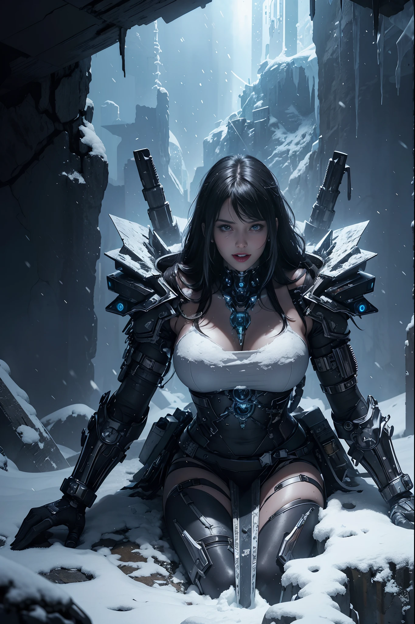 Cyberpunk, mechanical, broken, there is a picture of a very large iceberg, cyberpunk, mechanical, broken, with a lot of snow, dungeon background, icicle background, arena background, game background, dark dark cave background,a female warrior running,((smile:1))
