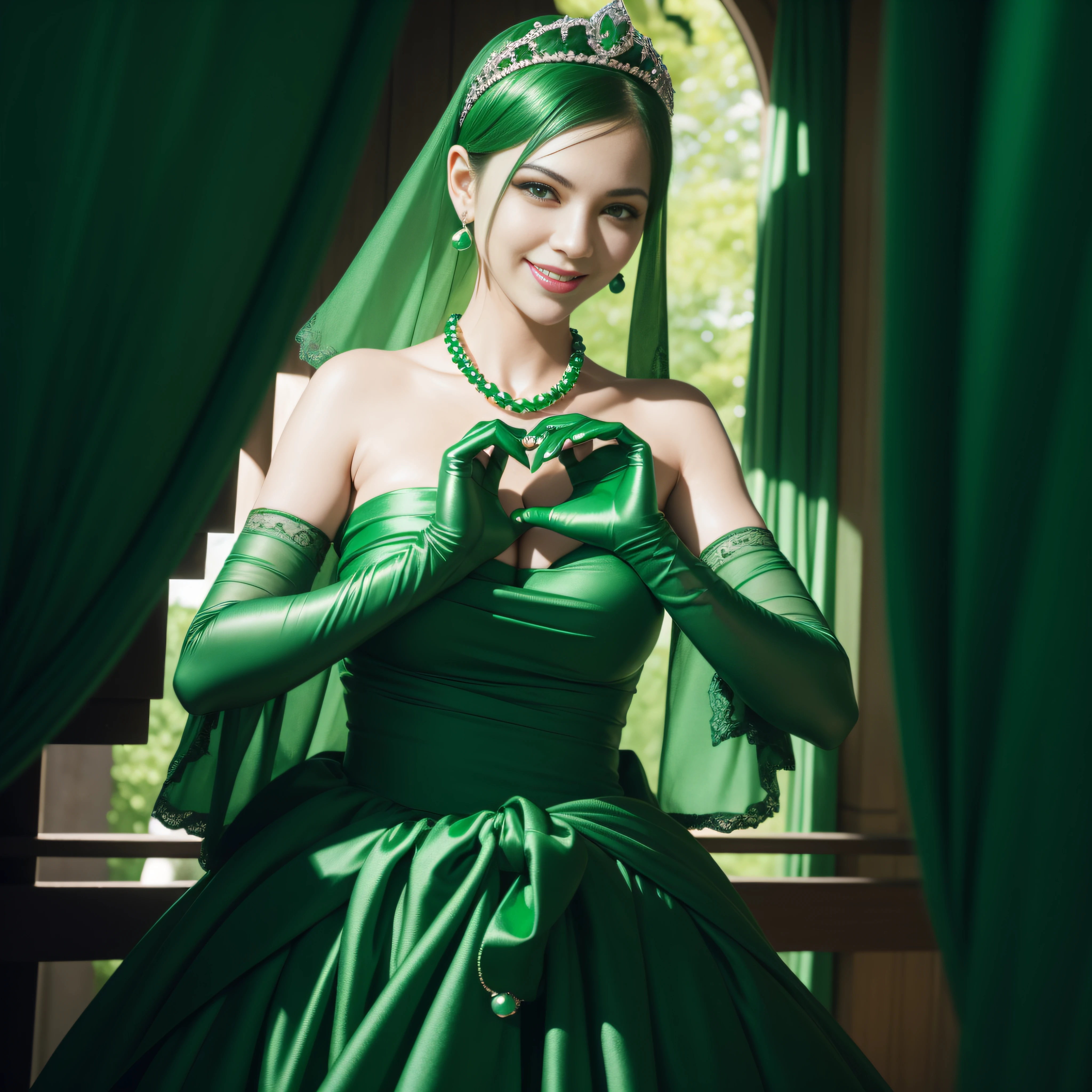 emerald tiara, Green Pearl Necklace, Boyish very short green hair, lipsticks, Japan woman smiling, very short short hair, big breasts beautiful, Green eyes, Long green gloves made of satin material, Green eyes, Emerald Earrings, green vale, Heart with both hands