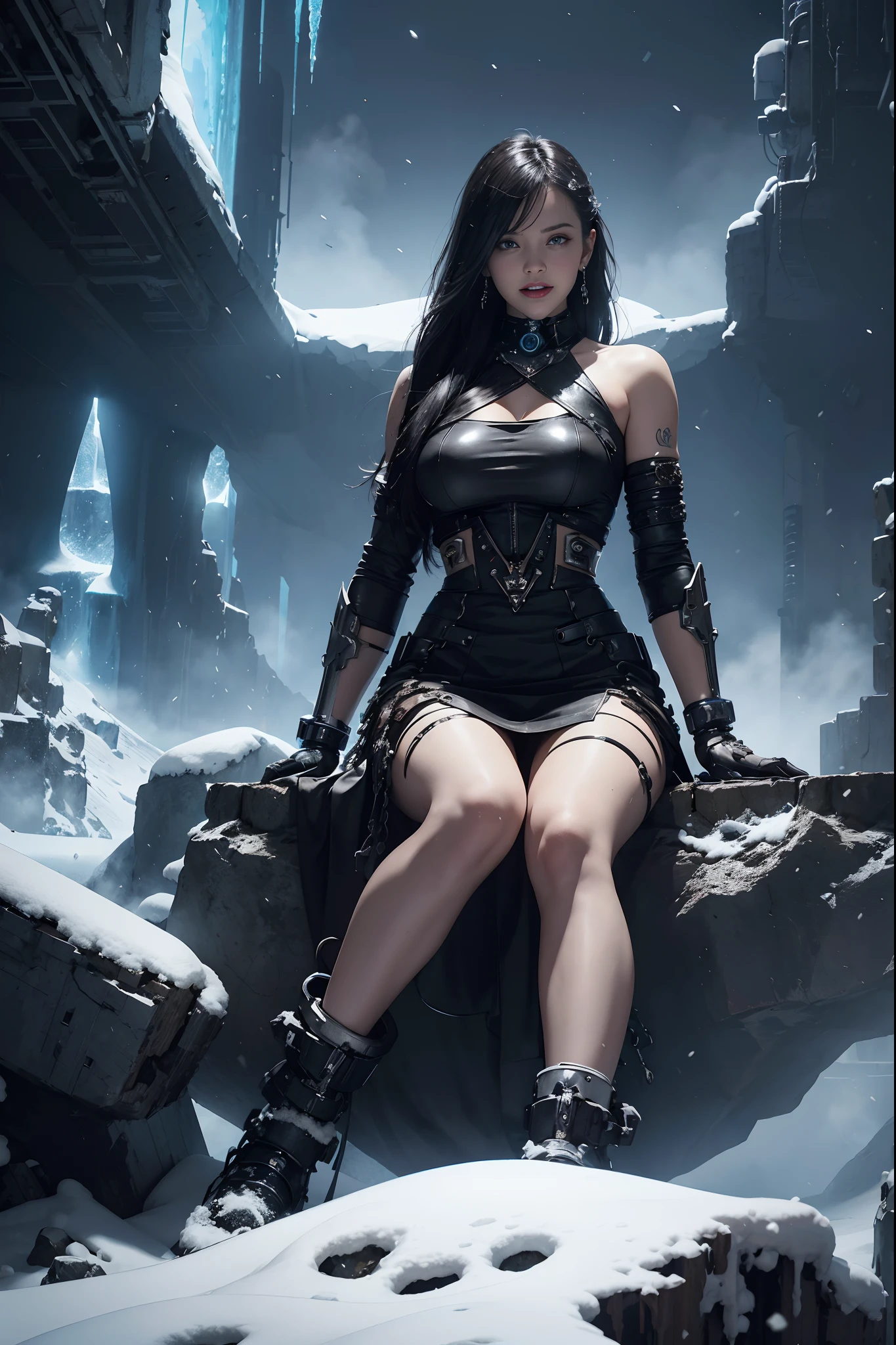 ((nsfw)),((gigantic breast:1)),Cyberpunk, mechanical, broken, there is a picture of a very large iceberg, cyberpunk, mechanical, broken, with a lot of snow, dungeon background, icicle background, arena background, game background, dark dark cave background,a female warrior squatting down,((smile:1))