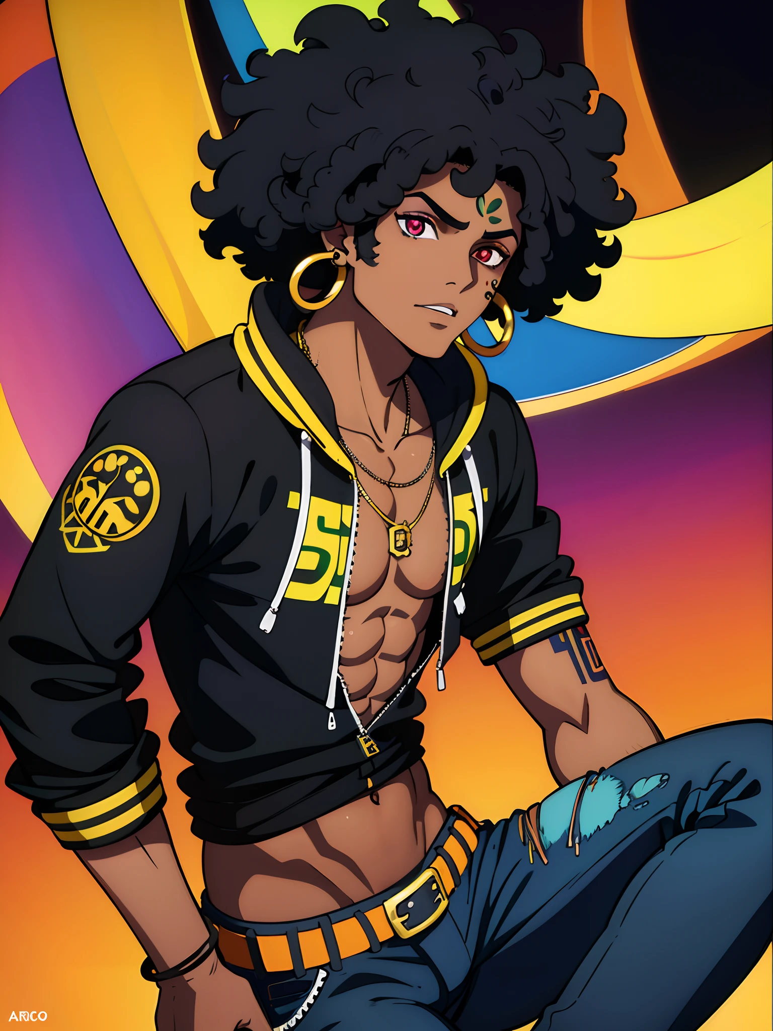 Jamaican sexy boy, black Afro, cabello color arco iris, ojos amarillos, dark skin, usar una sudadera con capucha, Graphic design jacket and torn jeans, toneladas de tatuajes y piercings, Obra maestra perfecta, alta calidad, High resolution, black face mask