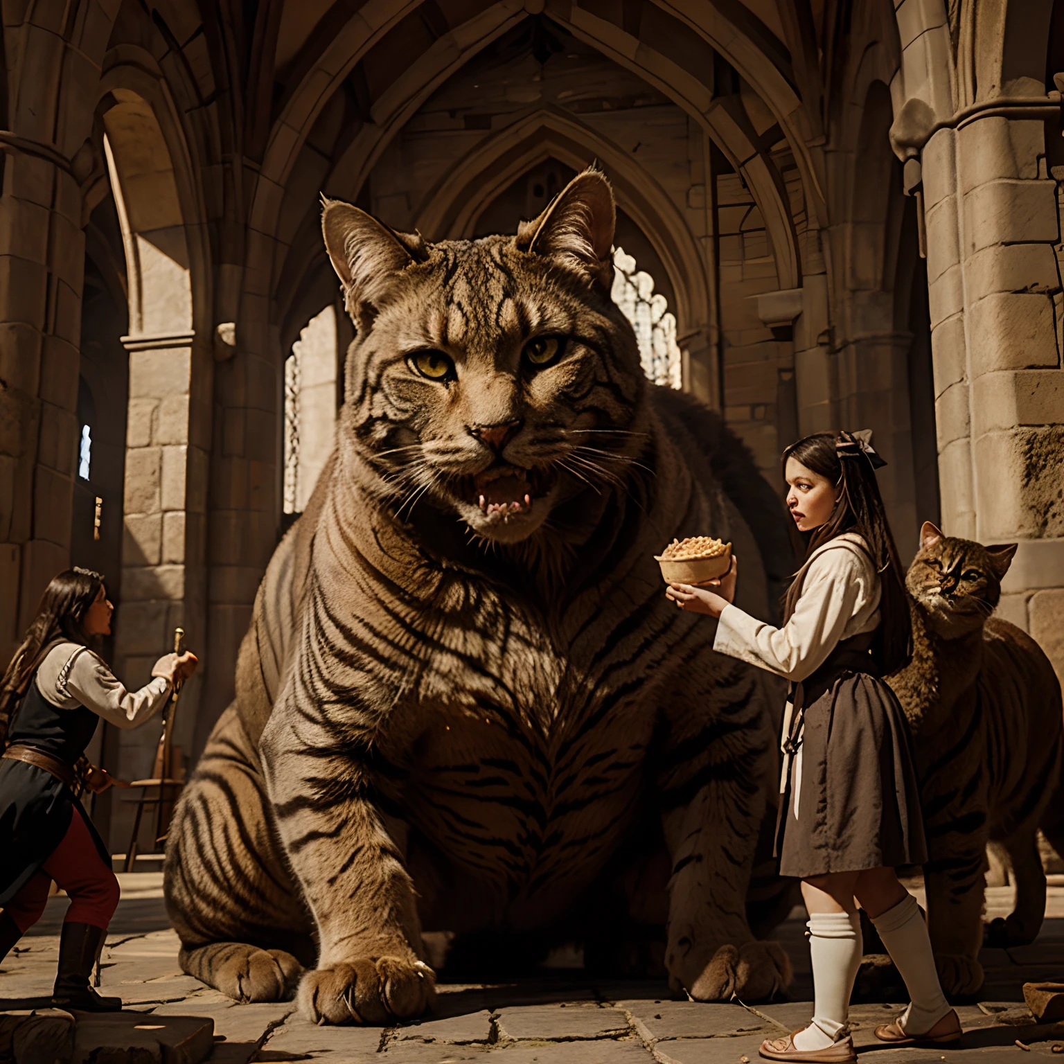 Medieval humans, everybody is in panic and scared by giant angry cat thirsting for snacks in oil painting style