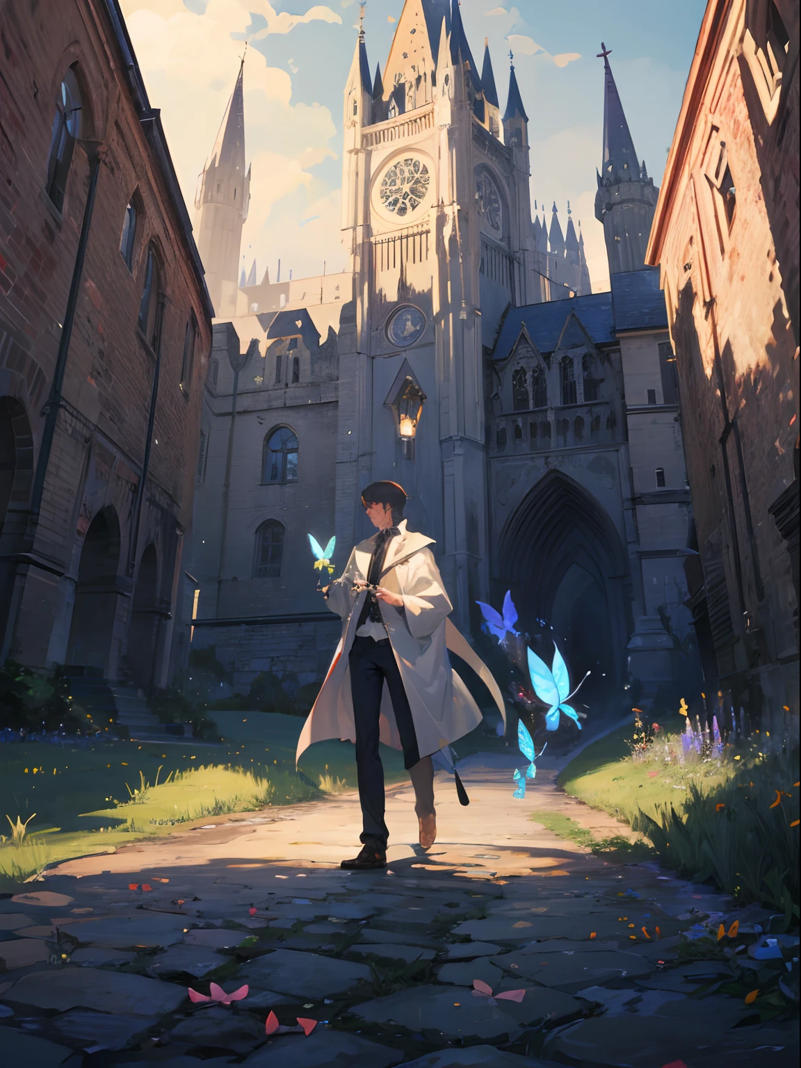 masterpiece, (dark:1.4), butterfly, magical academy, building, 1 man, wide shot, wizard, mage