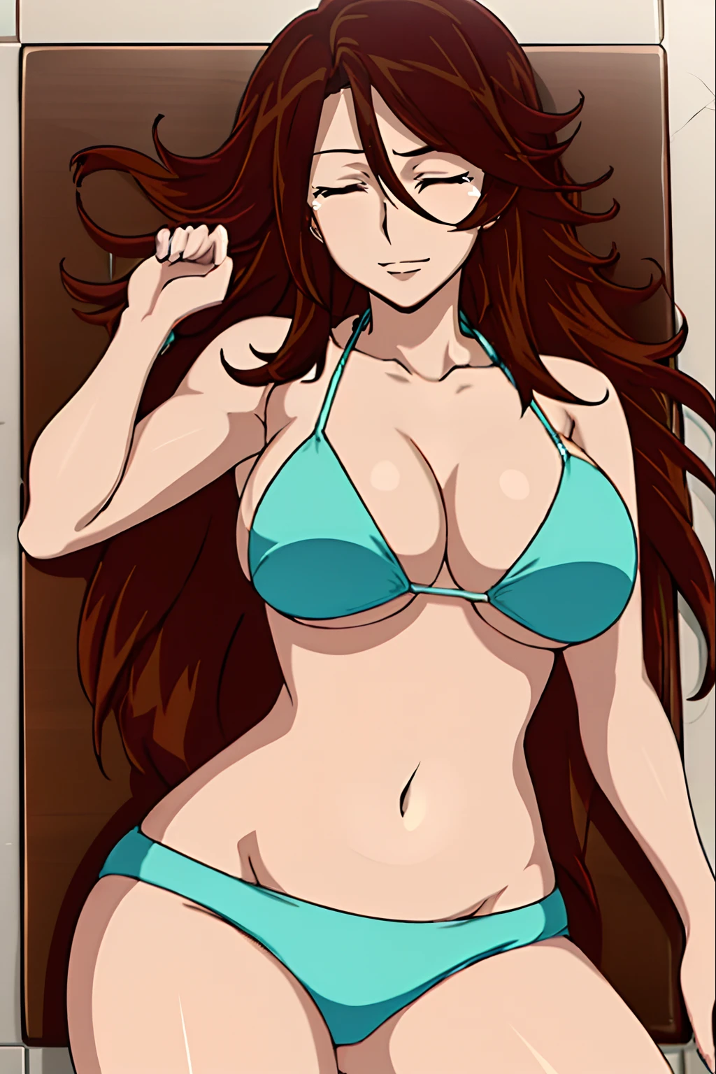 wrestling, depressed, crying, open mouth, Elegant lady, anime style: 1.8, anime drawing, ultra detailed face, ultra detailed body, 4k, Sumergai Lee Noriega, ((LYING DOWN on wrestling floor), closed eyes), best quality, anime style, hires, highest definition, digital blending, bold drawing lines, (only WHITE background), ( slim body, (little biceps), , off-shoulders, closed fists, (curvy: 2.8)), ((broken bikini, (chaps))), sad, (pale skin, shiny skin, very big breasts, smile), (big eyes, brown eyes), (brown hair, loose hair), 27 years old,