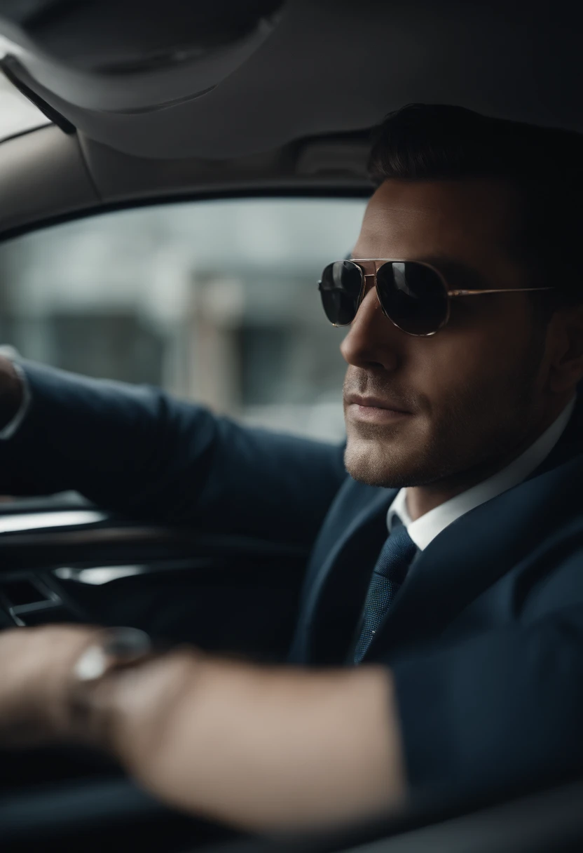 Generate me a handsome goss businessman in portrait,and remove background and add inside car background