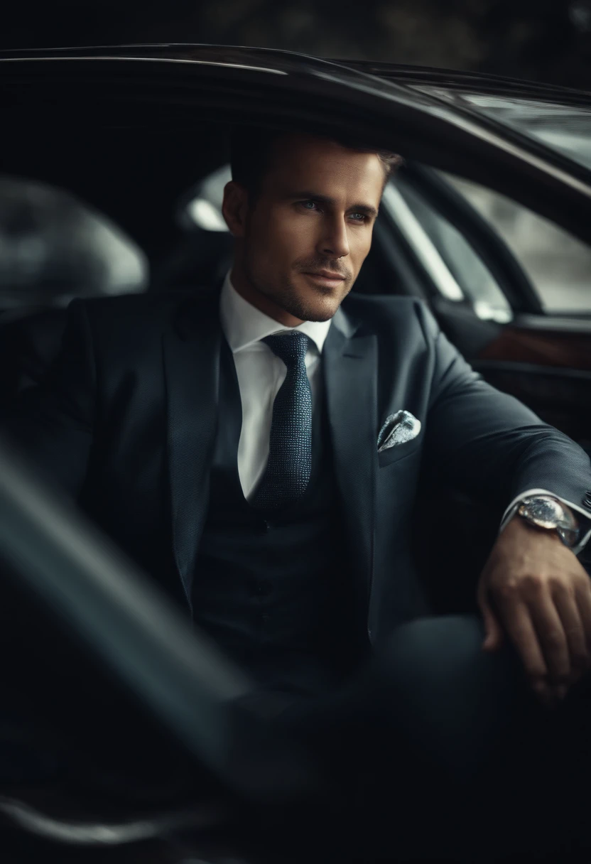 Generate me a handsome goss businessman in portrait,and remove background and add inside car background