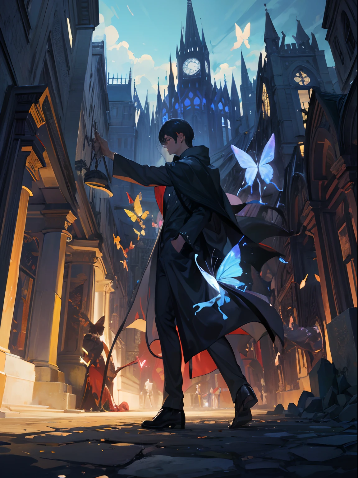masterpiece, (dark:1.4), butterfly, magical academy, building, 1 man, wide shot, wizard, mage