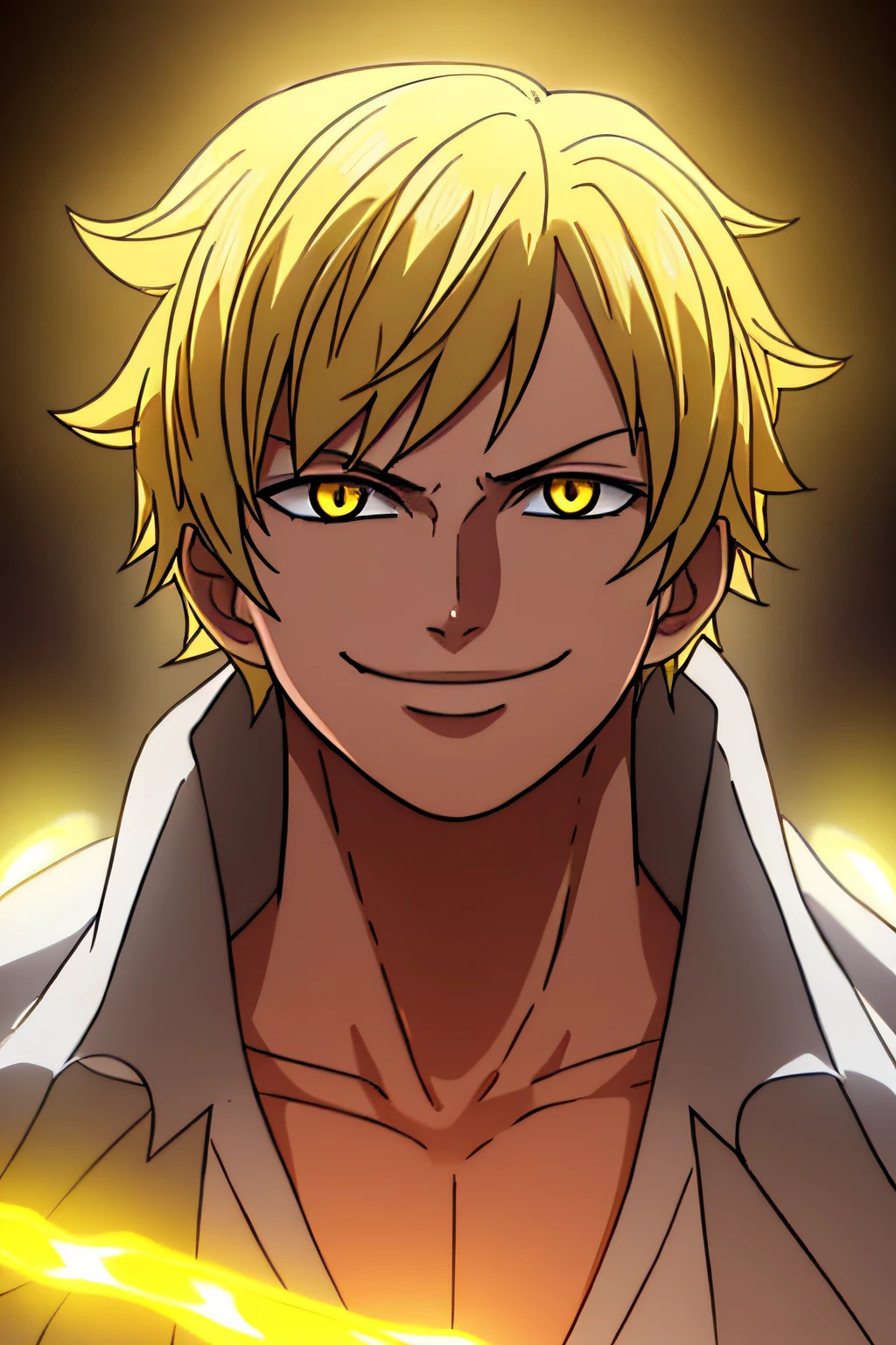 1boy, wanostyle, smiling, looking at viewer, solo, upper body, ((masterpiece)), (best quality), (extremely detailed), depth of field, sketch, sharp focus, soft lighting, hdr, colorful, good composition, sunny background, spectacular, black coat, anime screencap, blonde hair, ready to fight, yellow eyes, young, detailed eyes, black outfit, short hair, yellow light magic, light powers