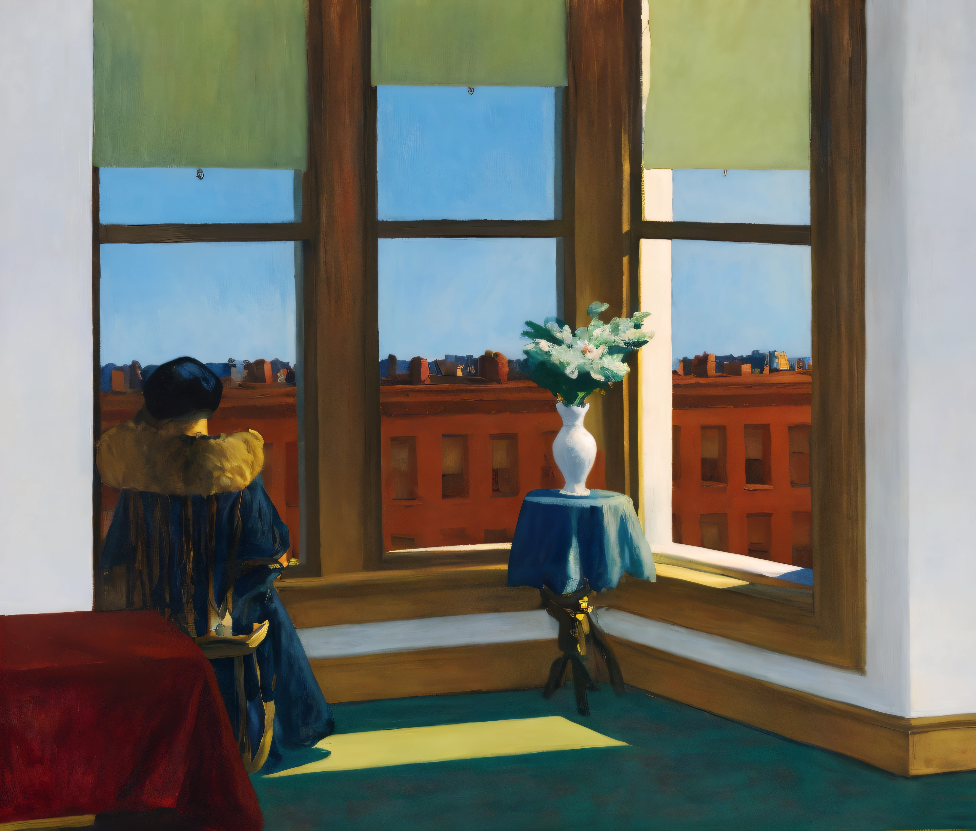 painting of a woman sitting in a chair looking out a window, edward hopper style, in style of edward hopper, style edward hopper, edward hopper painting, style of edward hopper, inspired by Edward Hopper, edward hopper vibe, ( ( ( edward hopper ) ) ), by Edward Hopper, edward hopper. sharp focus, ed hopper, edward hopper filonov